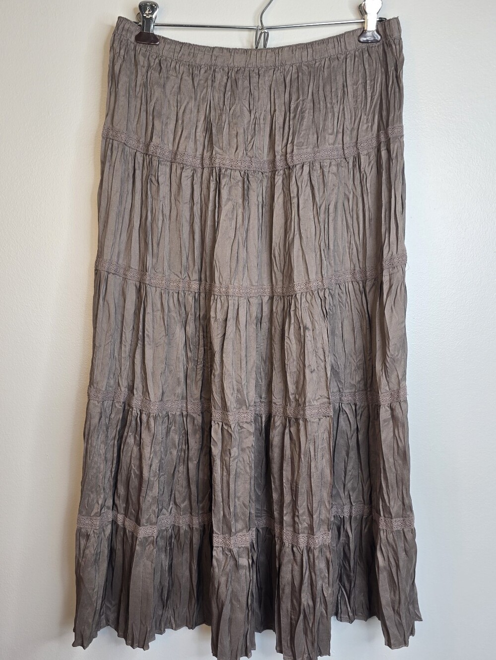 100% Silk Garnet Hill Taupe Tiered Maxi Skirt Sz 10 Boho